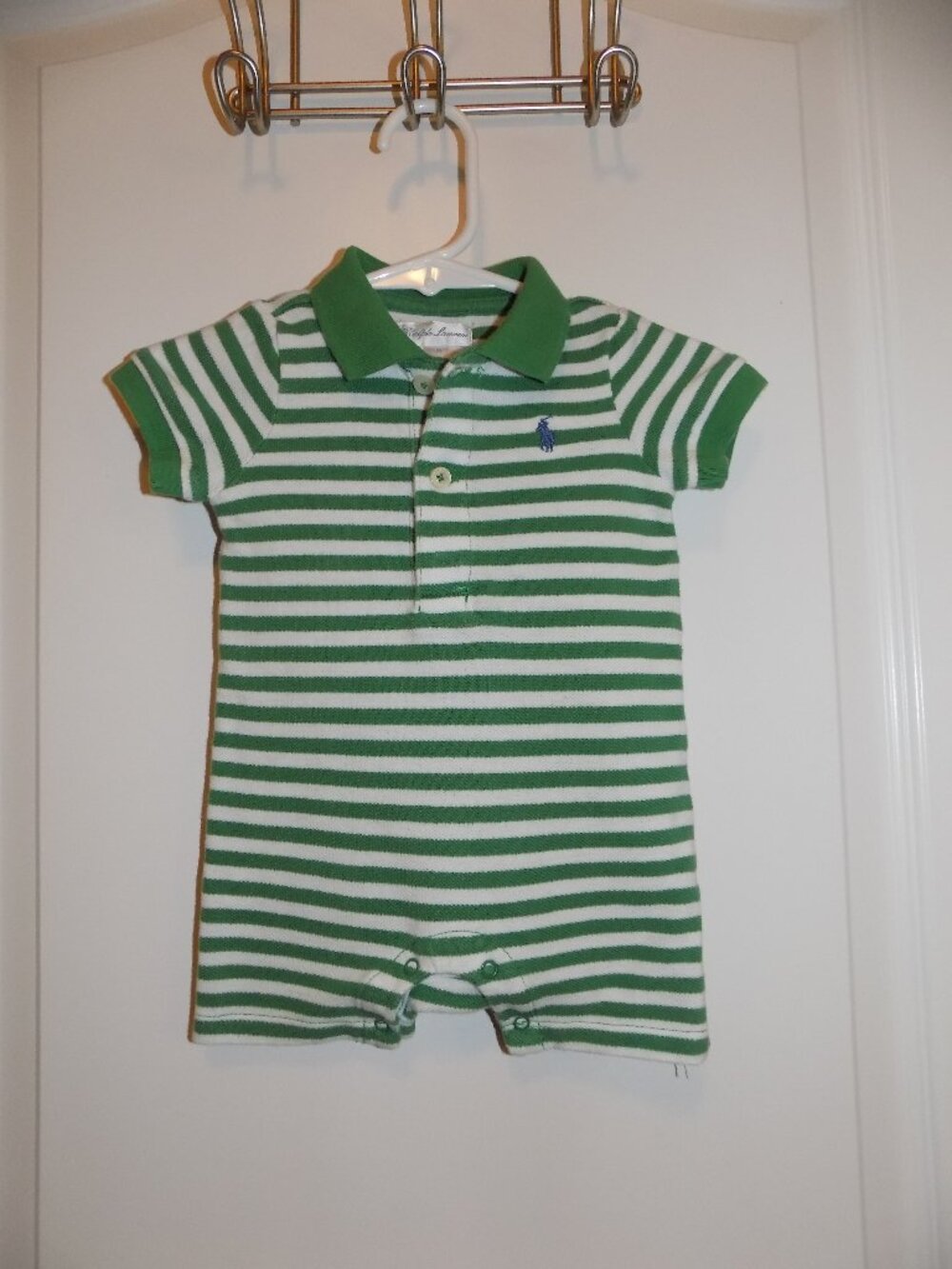 RALPH LAUREN Green White Striped Boys One Piece Polo Romper 3 Months Shorts
